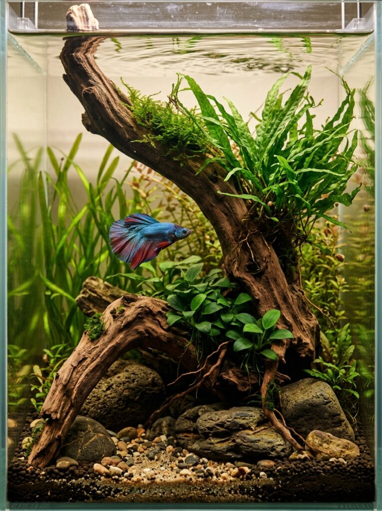 Natural driftwood and stones creating structure in a planted betta tank
