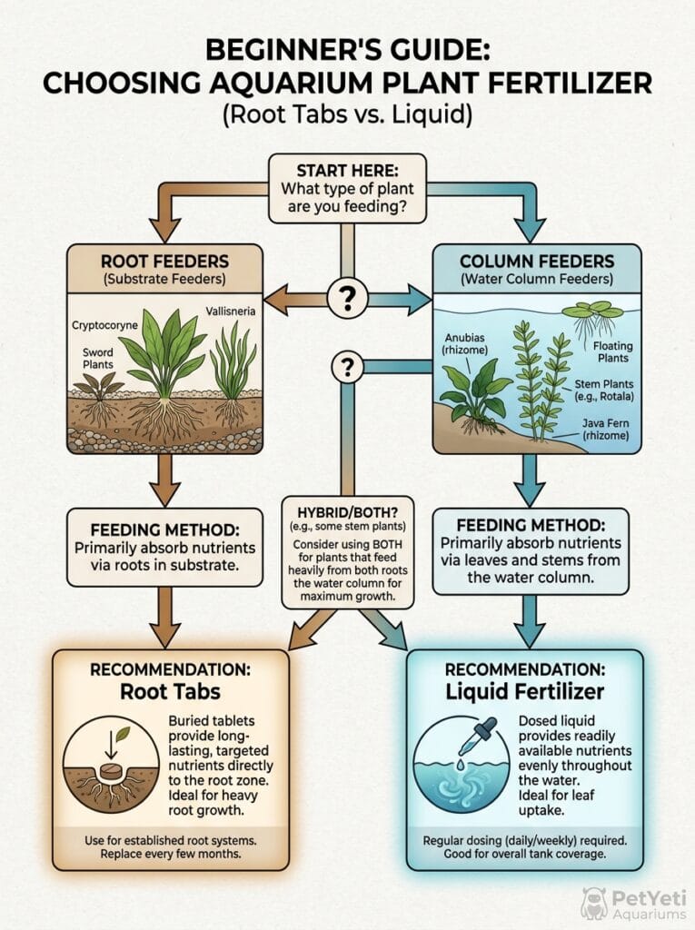 Decision guide for choosing root tabs or liquid fertilizer