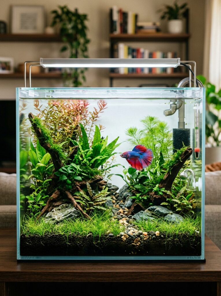 Well-balanced planted betta tank with healthy plants and swimming space