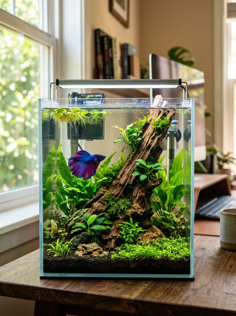 Relaxing planted betta aquarium in a cozy home environment