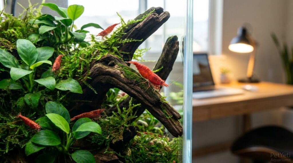 Why are my shrimp hiding? Cherry Shrimp visible among live plants and driftwood in a planted aquarium.