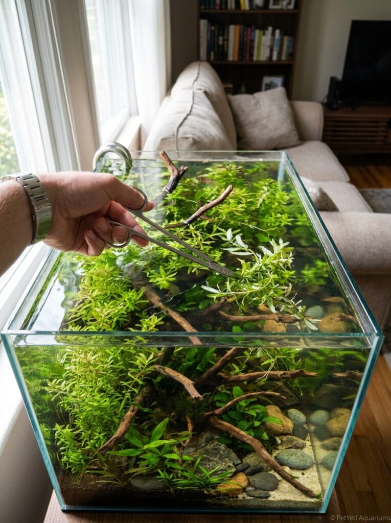 Hobbyist trimming healthy aquarium plants in a planted aquarium