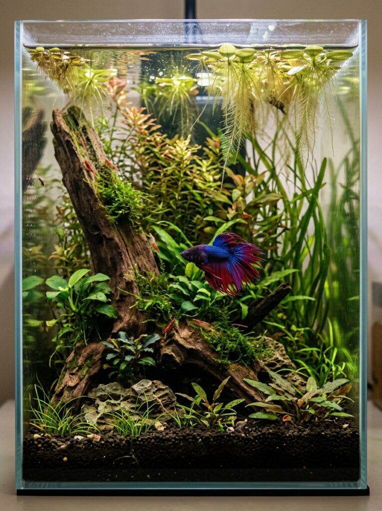 Mature planted betta tank with lush growth and natural aquascaping