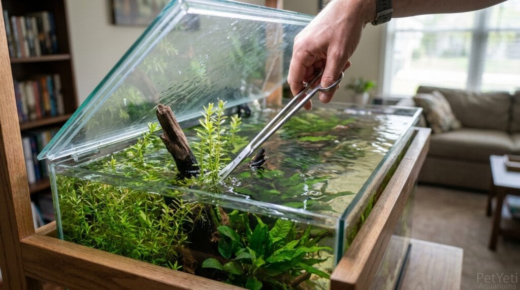 Hobbyist trimming healthy aquarium plants in a planted aquarium