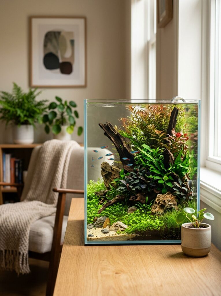 Beautiful small aquascaped aquarium with plants and natural hardscape
