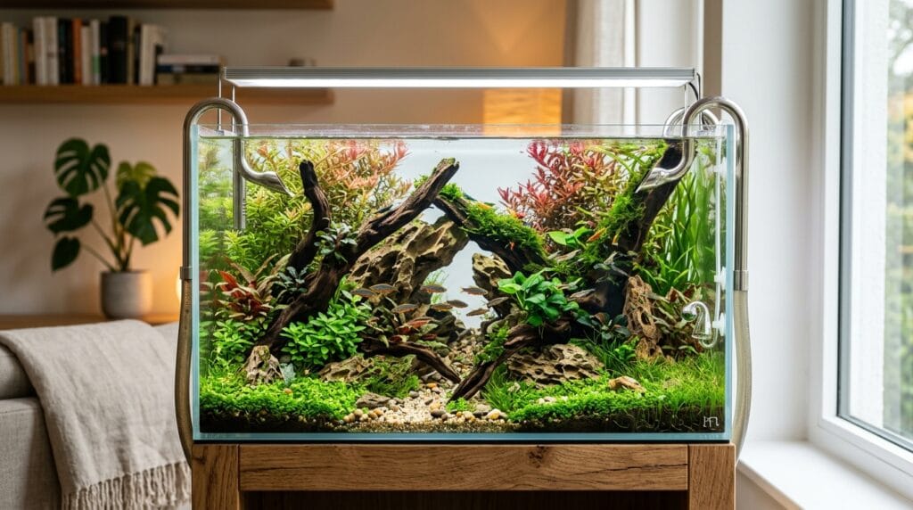 Beautiful small aquascaped aquarium with plants and natural hardscape