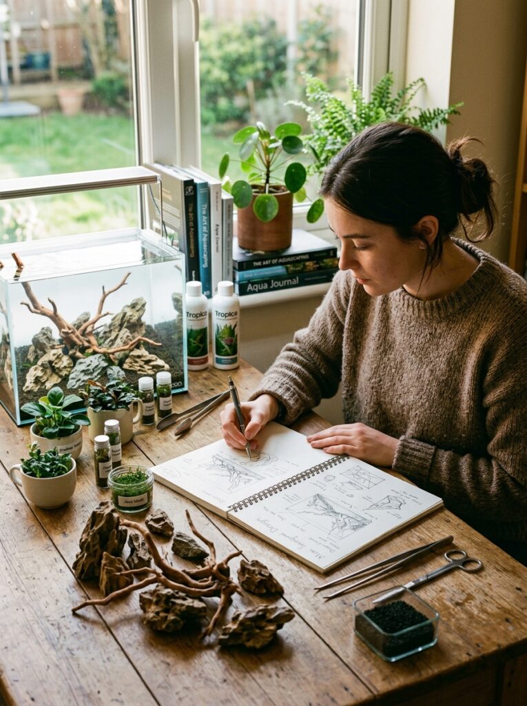 Aquascaper planning a small aquarium layout at a workspace