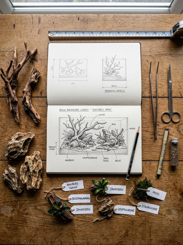 Top-down aquascaping design plan with driftwood, rocks, and plants