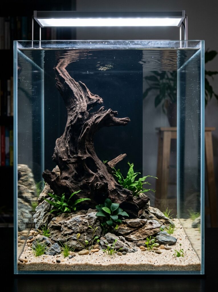 Driftwood focal point positioned off-center in a beginner aquascape