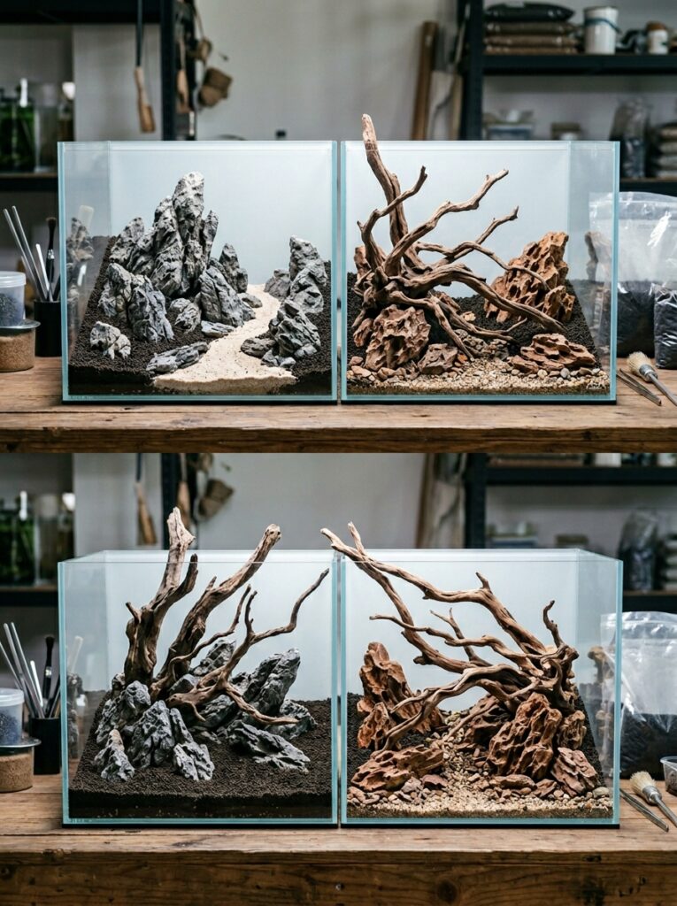 Natural aquarium driftwood and rocks arranged before planting