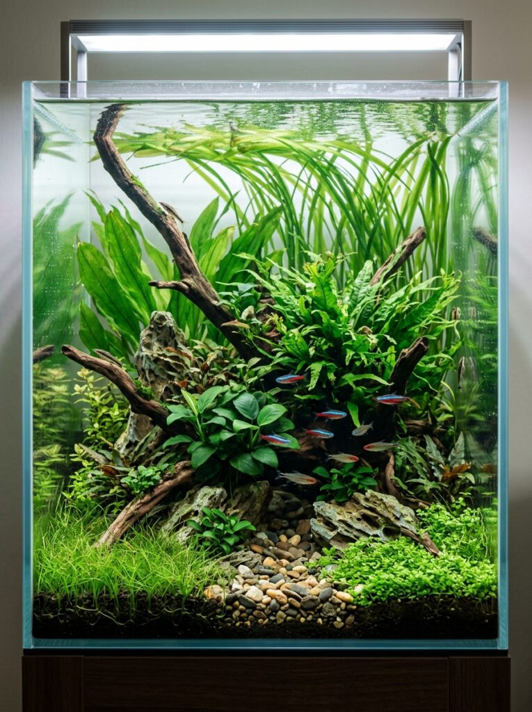 Aquarium showing foreground, midground, and background planting zones