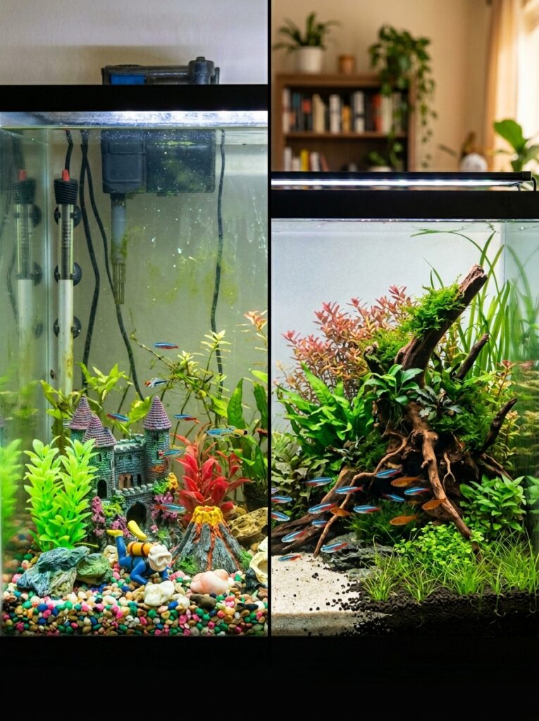 Before and after aquascaping comparison showing layout improvement