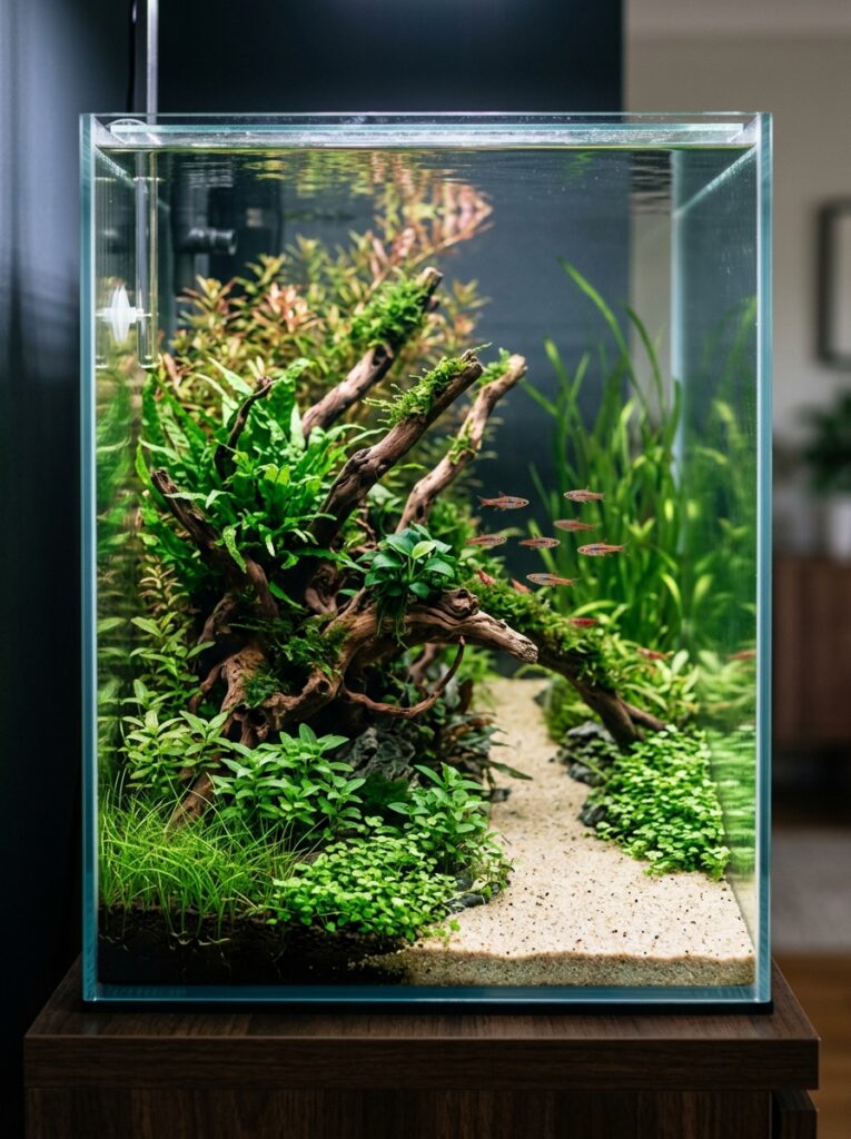 Small aquarium designed to create strong visual depth