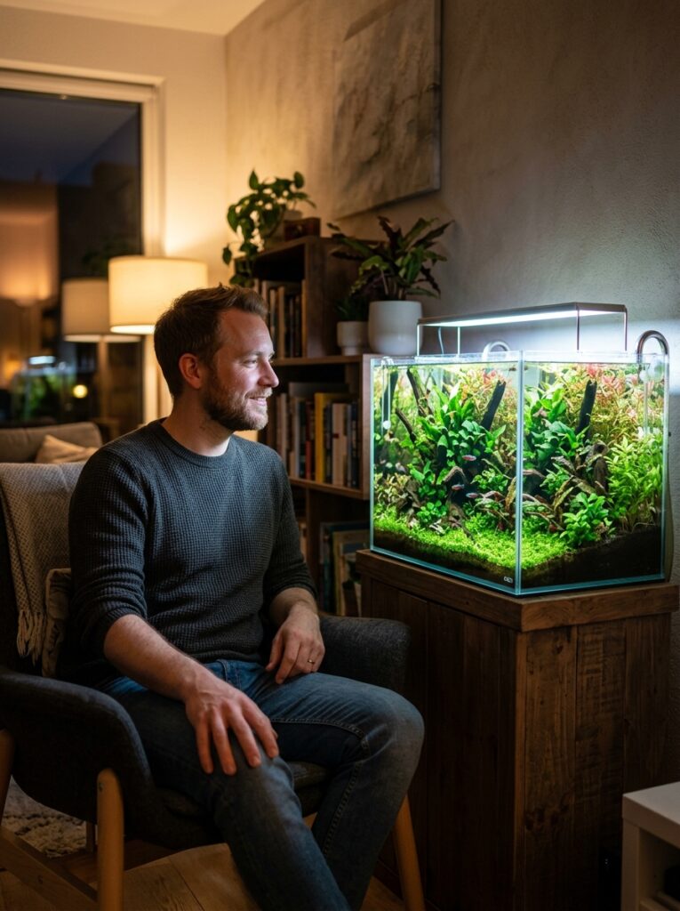 Aquarium hobbyist enjoying a completed aquascape at home