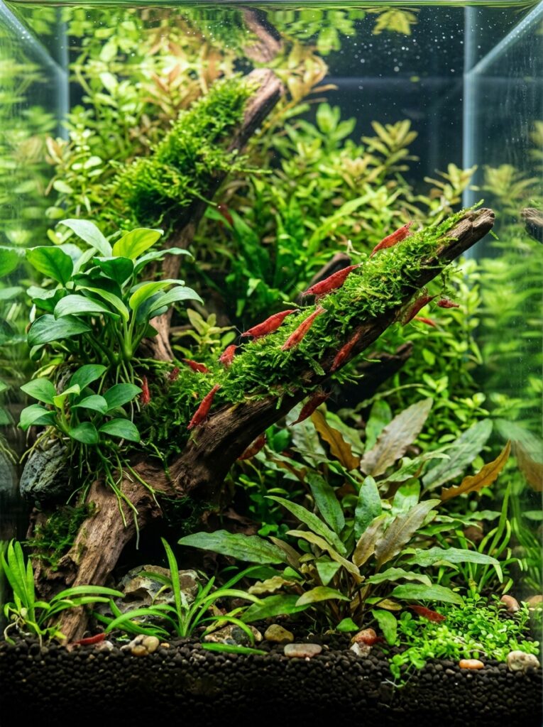 Planted shrimp aquarium with red cherry shrimp and live plants