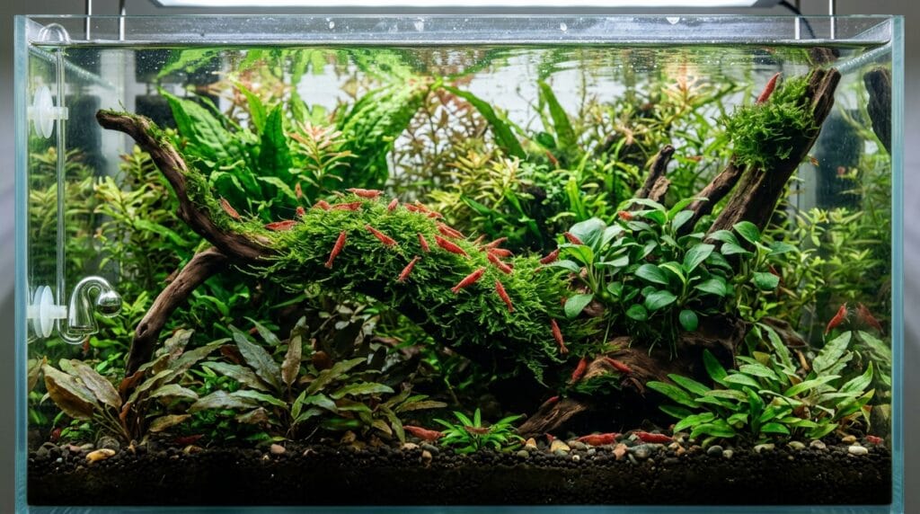 Planted shrimp aquarium with red cherry shrimp and live plants