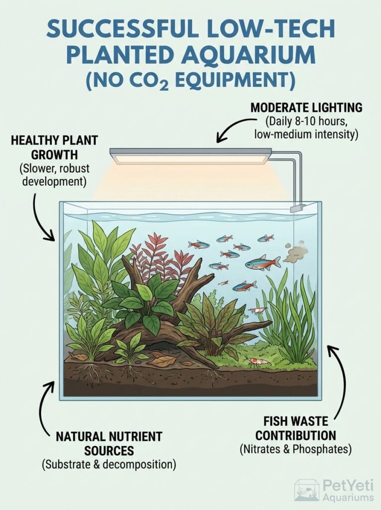 Low-tech aquarium plants growing without CO₂