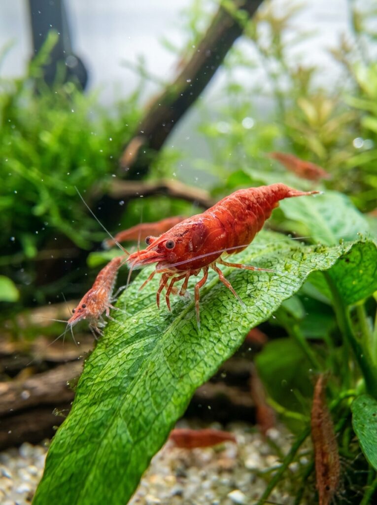 Red cherry shrimp grazing on a plant leaf in a planted aquarium