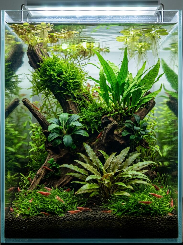 Collection of beginner-friendly aquarium plants for shrimp tanks