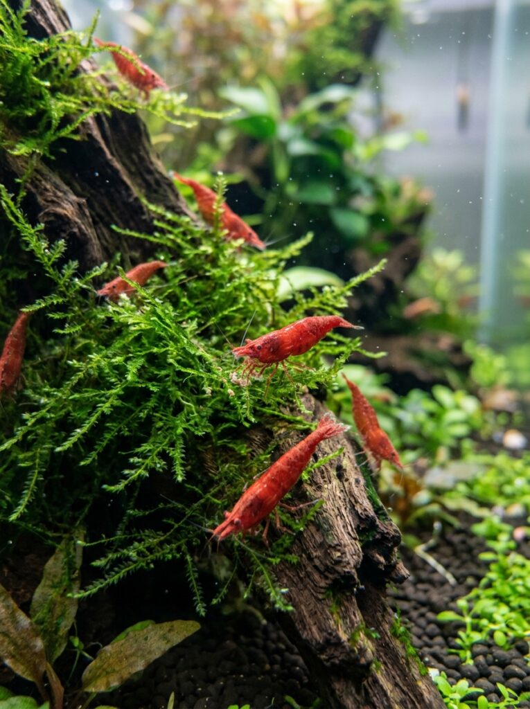 Java Moss growing on driftwood with shrimp grazing nearby
