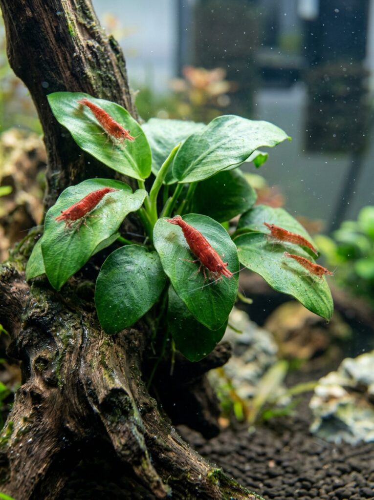 Anubias Nana leaves with red cherry shrimp feeding on surfaces