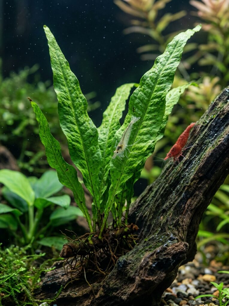 Java Fern attached to driftwood in a planted shrimp aquarium