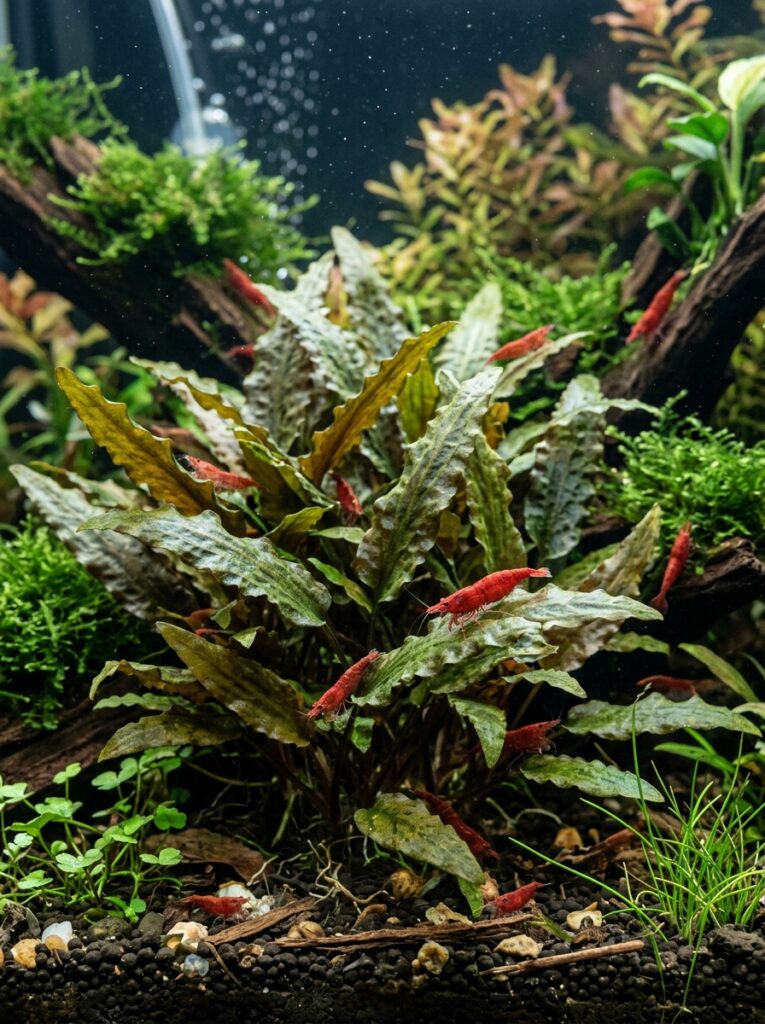 Cryptocoryne plants creating shelter for freshwater shrimp