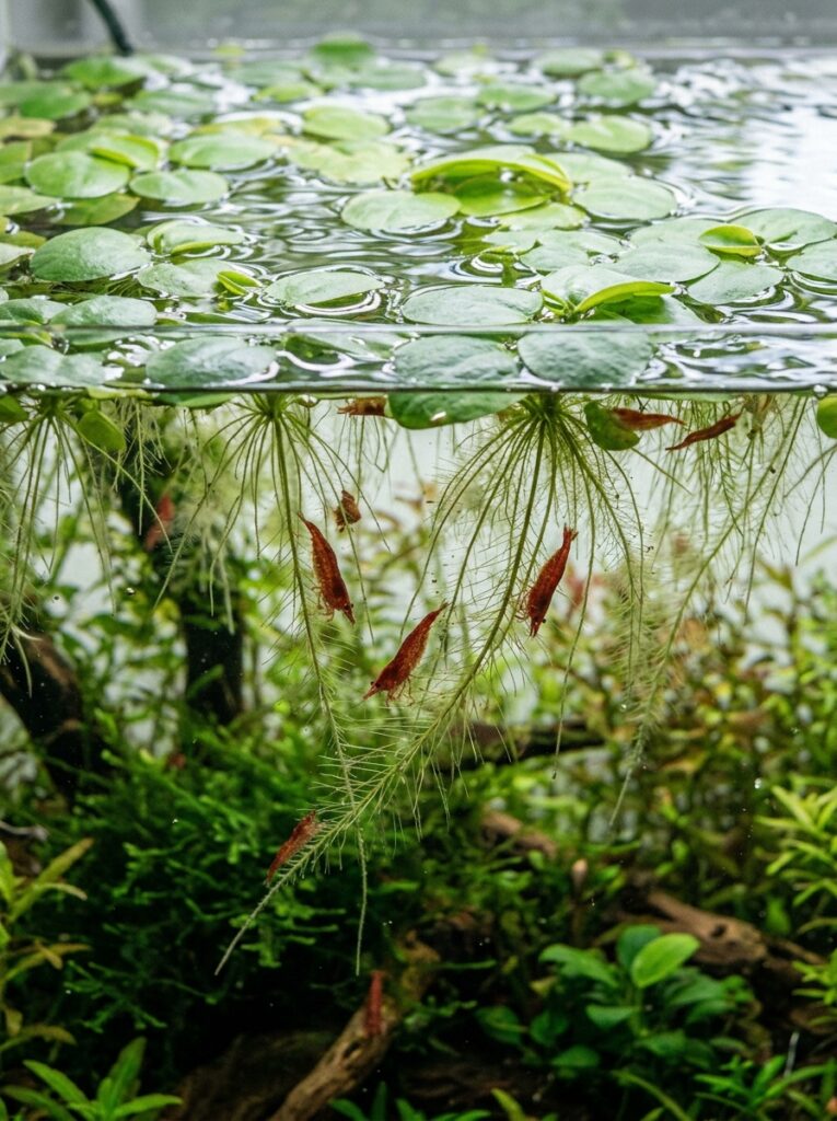 Amazon Frogbit floating plants with roots hanging below the surface