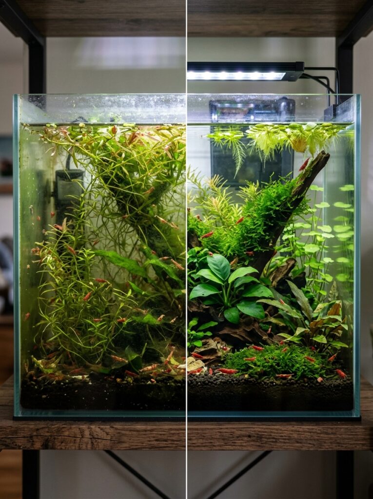 Comparison of overcrowded and balanced planted shrimp aquariums