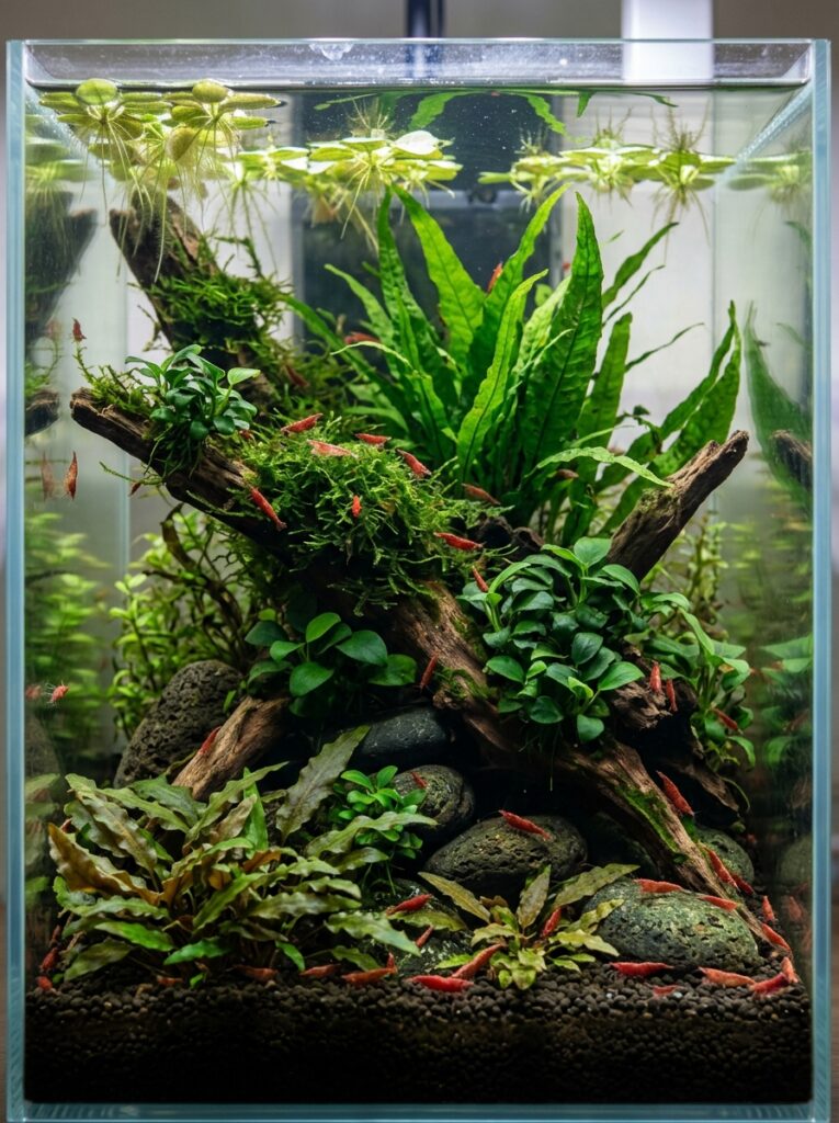 Thriving planted shrimp tank ecosystem with multiple plant species