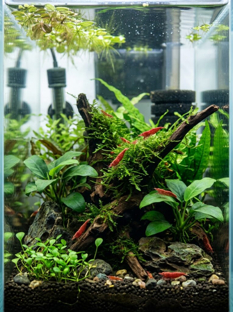 Shrimp-friendly planted aquarium with live plants and driftwood