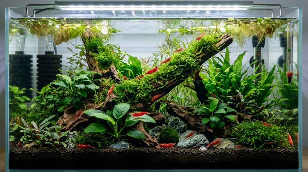 Shrimp-friendly planted aquarium with live plants and driftwood