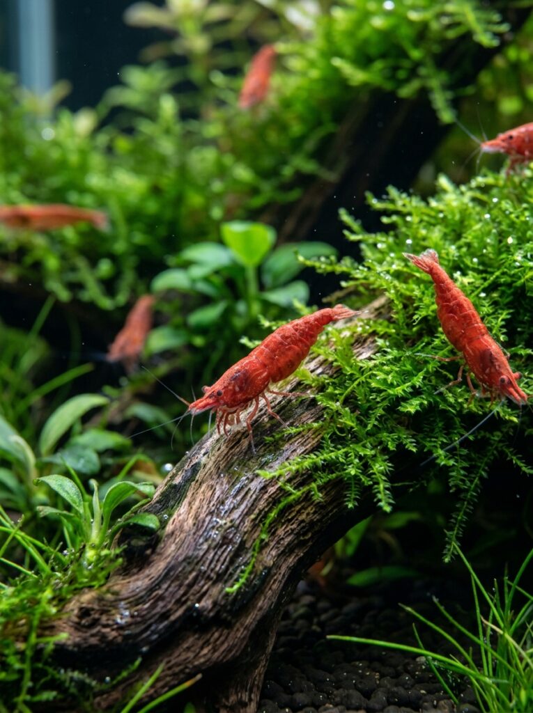 Red cherry shrimp exploring driftwood and moss in a planted aquarium