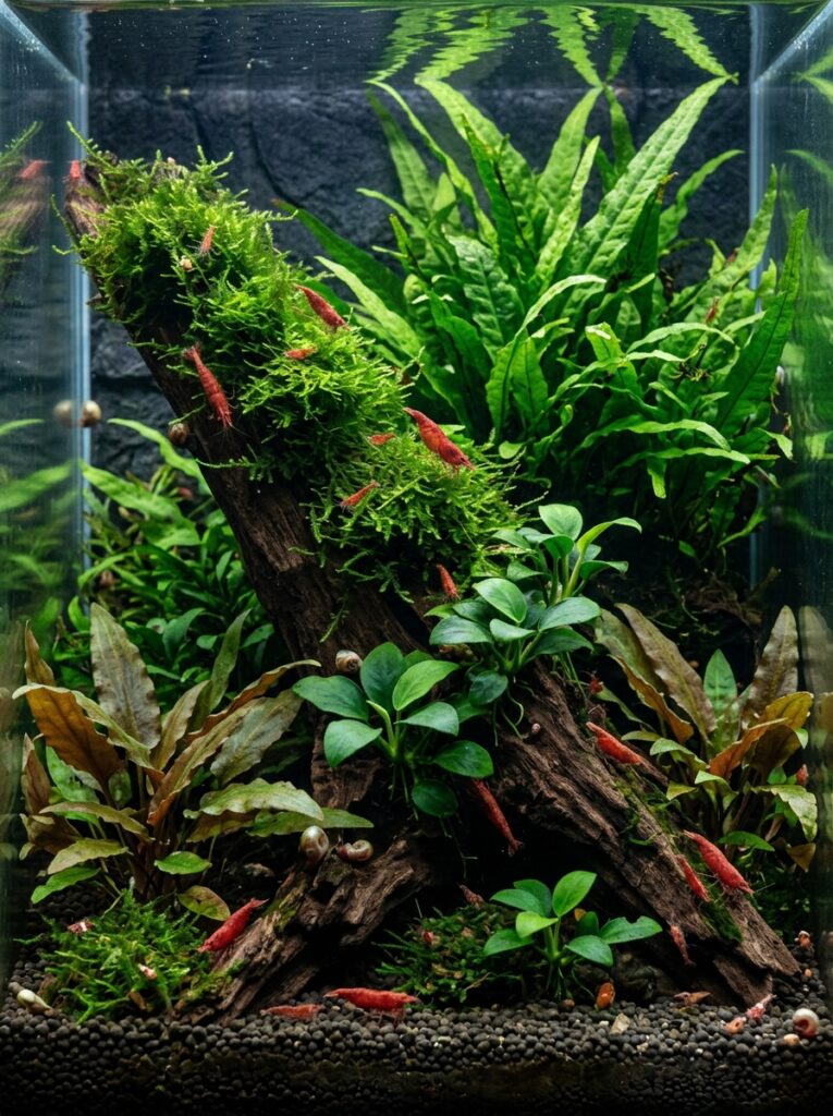 Shrimp aquarium featuring beginner-friendly live plants