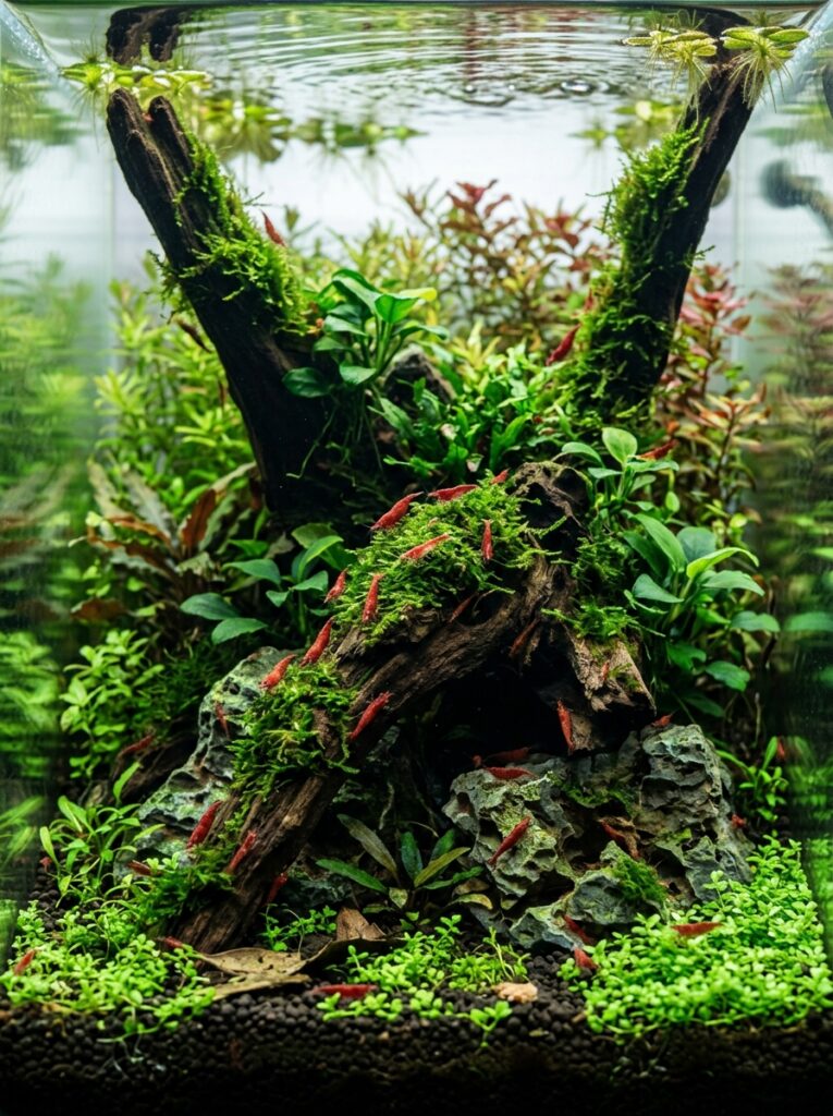 Natural driftwood and rocks creating shelter in a shrimp tank