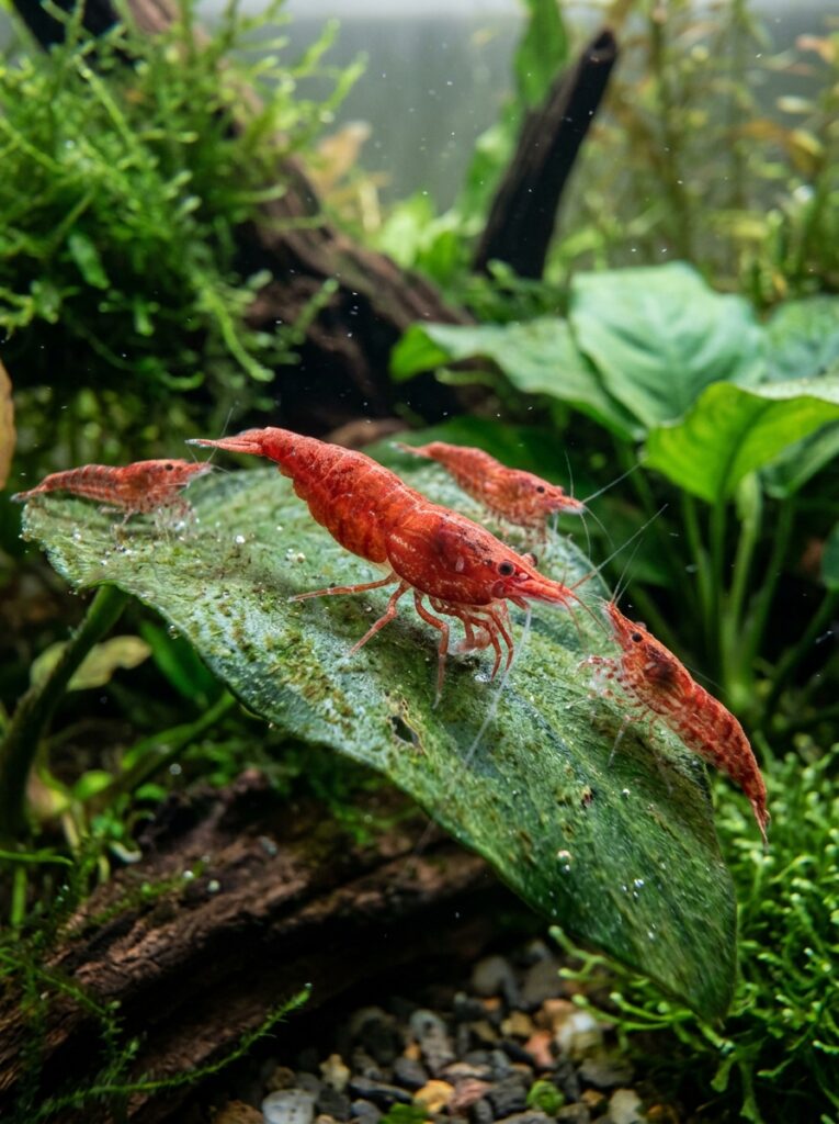 Red cherry shrimp grazing on biofilm growing on a plant leaf
