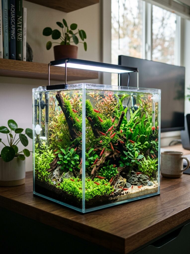 Small nano shrimp aquarium displayed in a modern home