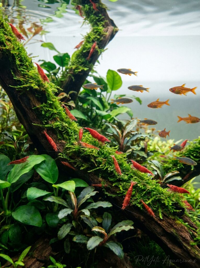 Cherry Shrimp visible among plants while peaceful nano fish swim nearby.