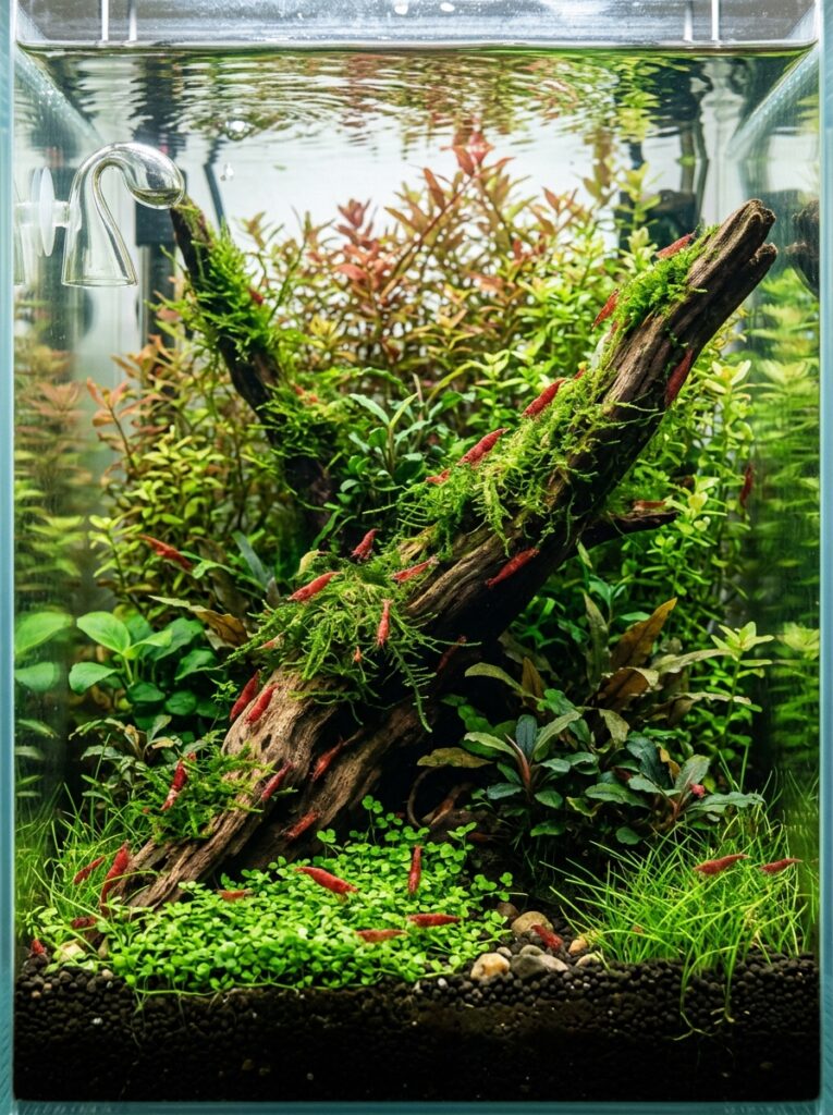 Mature planted shrimp aquarium ecosystem with healthy growth