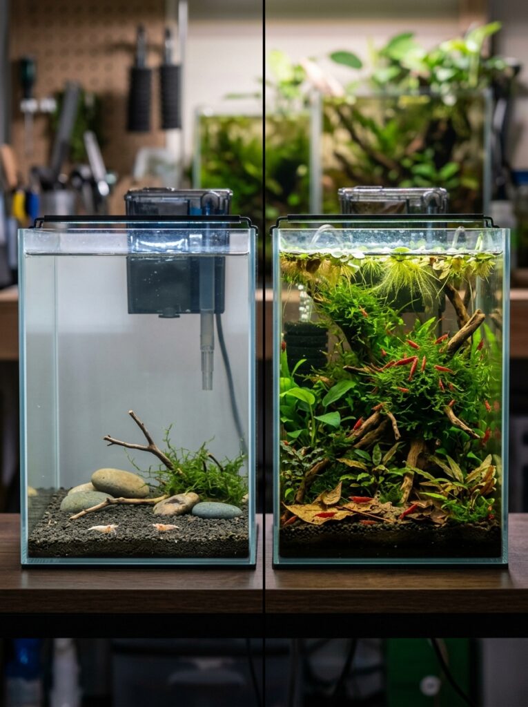 Comparison between sparse and shrimp-friendly aquarium layouts