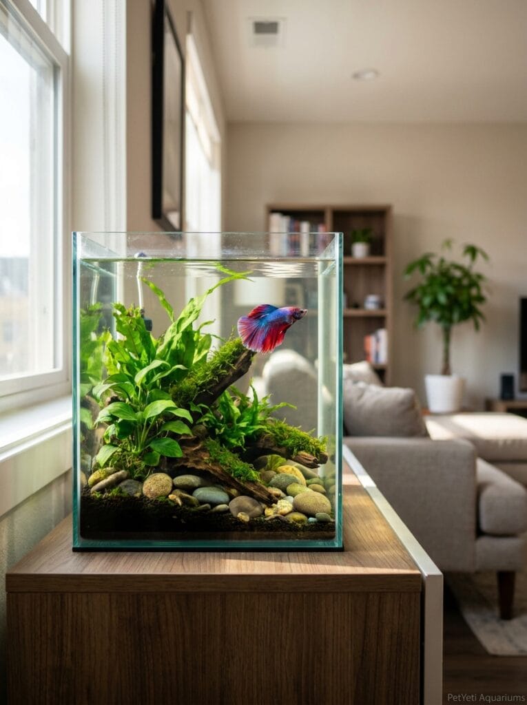 Beautifully aquascaped 5 gallon aquarium with a healthy Betta fish