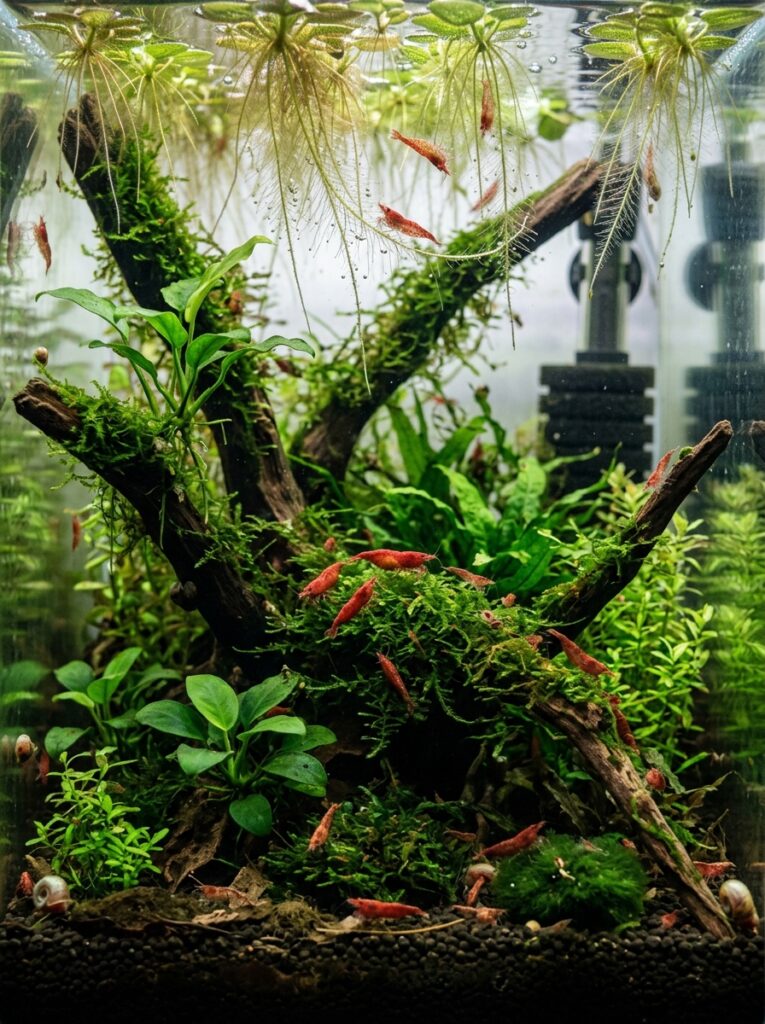 Thriving freshwater shrimp ecosystem with plants and natural hardscape