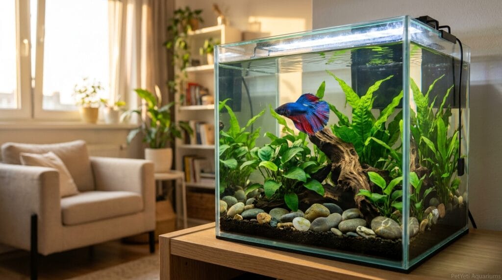 Beautifully aquascaped 5 gallon aquarium with a healthy Betta fish