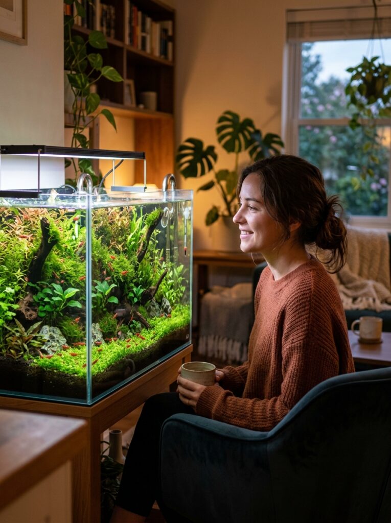 Person enjoying a planted shrimp aquarium in a cozy living space