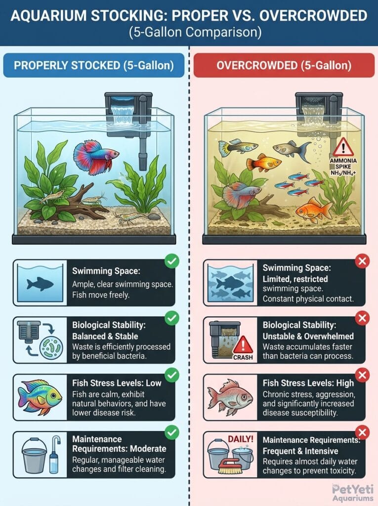 Properly stocked versus overcrowded 5 gallon aquarium