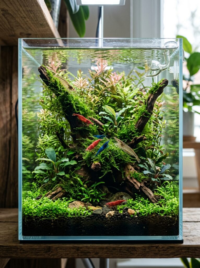 Colorful freshwater shrimp species in a planted nano aquarium