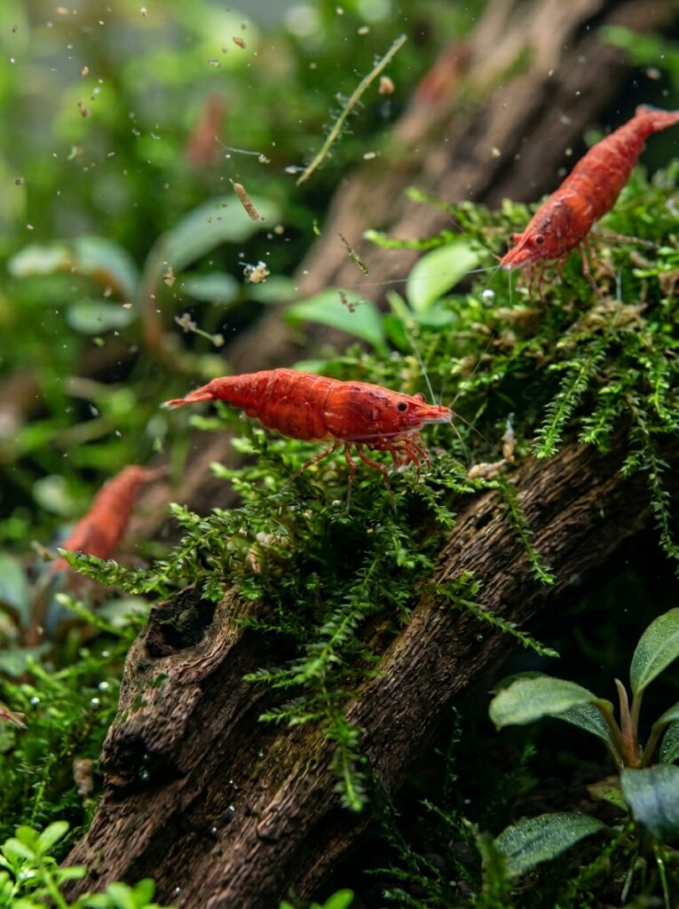 Red cherry shrimp exploring moss and driftwood in a nano tank