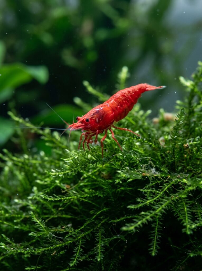Bright red cherry shrimp resting on lush green Java Moss