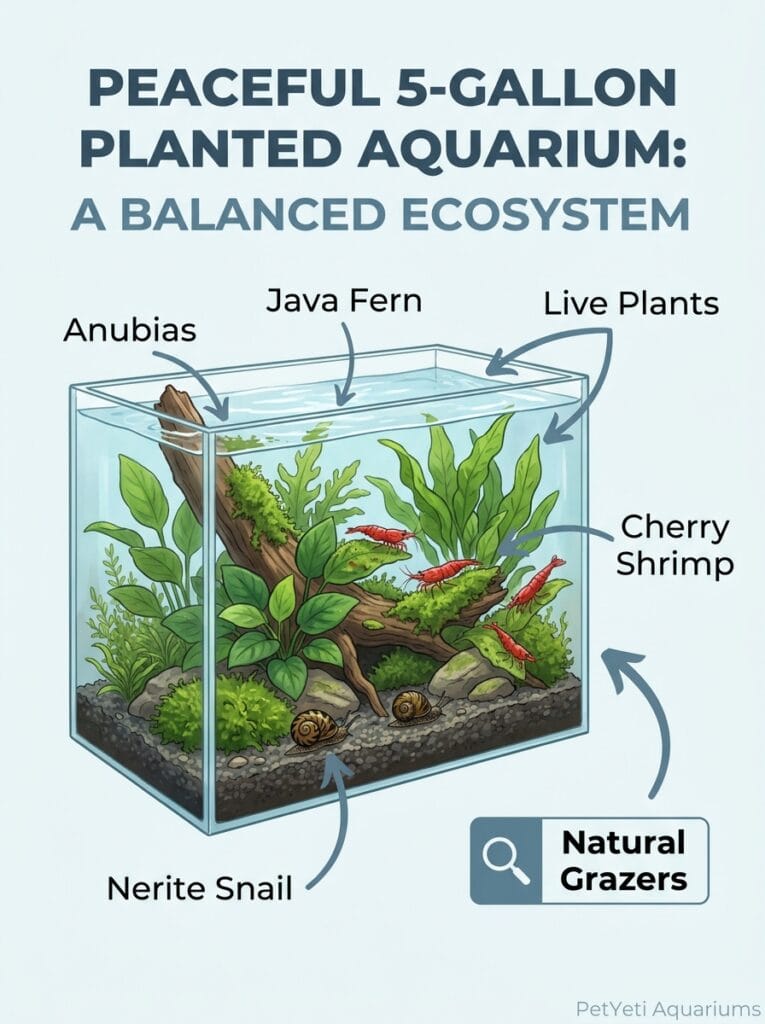 Cherry shrimp and Nerite snail in a planted 5 gallon aquarium