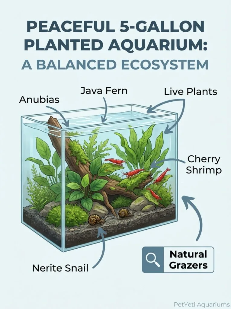 Cherry shrimp and Nerite snail in a planted 5 gallon aquarium